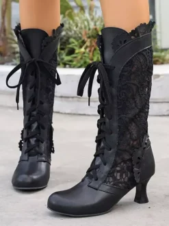 Bottes Lolita classiques en dentelle bout rond en cuir PU chaussures Lolita noires