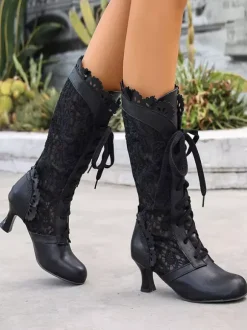 Bottes Lolita classiques en dentelle bout rond en cuir PU chaussures Lolita noires
