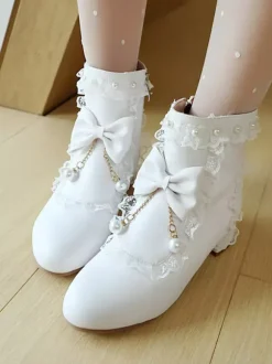 Bottes Lolita de style ROCOCO n艙uds blancs volants perles bout rond chaussures Lolita en cuir PU