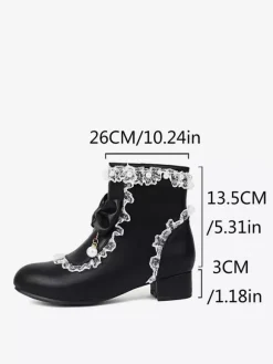 Bottes Lolita de style ROCOCO n艙uds blancs volants perles bout rond chaussures Lolita en cuir PU