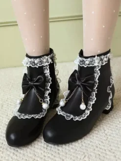 Bottes Lolita de style ROCOCO n艙uds blancs volants perles bout rond chaussures Lolita en cuir PU
