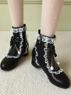 Bottes Lolita de style ROCOCO n艙uds blancs volants perles bout rond chaussures Lolita en cuir PU