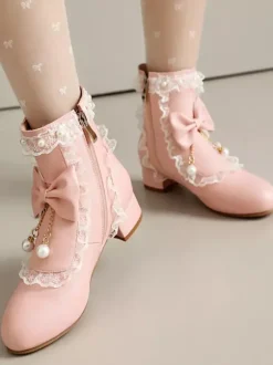 Bottes Lolita de style ROCOCO n艙uds blancs volants perles bout rond chaussures Lolita en cuir PU