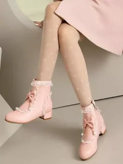 Bottes Lolita de style ROCOCO n艙uds blancs volants perles bout rond chaussures Lolita en cuir PU