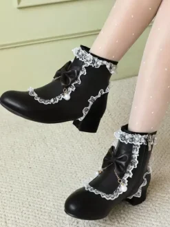 Bottes Lolita de style ROCOCO n艙uds blancs volants perles bout rond chaussures Lolita en cuir PU