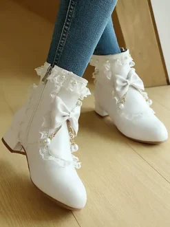 Bottes Lolita de style ROCOCO n艙uds blancs volants perles bout rond chaussures Lolita en cuir PU