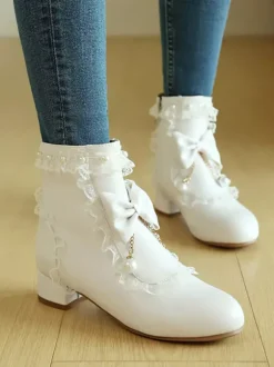 Bottes Lolita de style ROCOCO n艙uds blancs volants perles bout rond chaussures Lolita en cuir PU