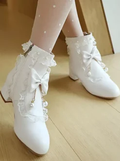 Bottes Lolita de style ROCOCO n艙uds blancs volants perles bout rond chaussures Lolita en cuir PU
