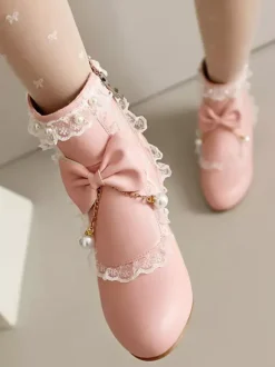 Bottes Lolita de style ROCOCO n艙uds blancs volants perles bout rond chaussures Lolita en cuir PU