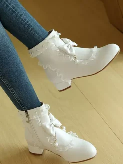 Bottes Lolita de style ROCOCO n艙uds blancs volants perles bout rond chaussures Lolita en cuir PU