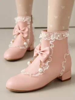 Bottes Lolita de style ROCOCO n艙uds blancs volants perles bout rond chaussures Lolita en cuir PU