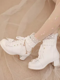 Bottes Lolita douces en cuir PU avec n艙uds et bout rond Chaussures Lolita roses