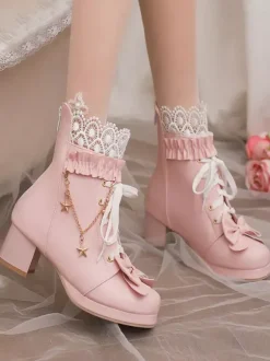 Bottes Lolita douces en cuir PU avec n艙uds et bout rond Chaussures Lolita roses
