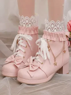 Bottes Lolita douces en cuir PU avec n艙uds et bout rond Chaussures Lolita roses