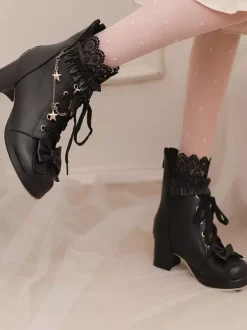 Bottes Lolita douces en cuir PU avec n艙uds et bout rond Chaussures Lolita roses