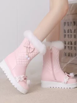 Bottes Lolita douces en cuir PU à bout rond Chaussures Lolita roses
