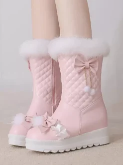 Bottes Lolita douces en cuir PU à bout rond Chaussures Lolita roses
