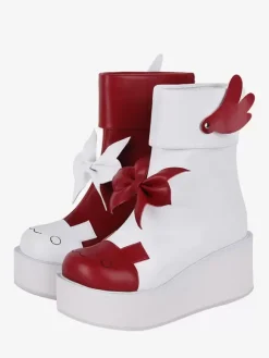 Bottes Lolita douces papillon rouge bicolore bout rond chaussures Lolita en cuir PU