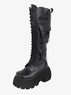 Bottes Lolita Gothiques Cuir PU PU Bout Rond Chaussures Lolita Noires