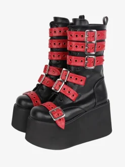 Bottes Lolita Gothiques Cuir PU 艗illets Bicolores Bout Rond Chaussures Lolita Noires