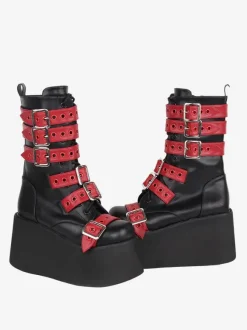 Bottes Lolita Gothiques Cuir PU 艗illets Bicolores Bout Rond Chaussures Lolita Noires