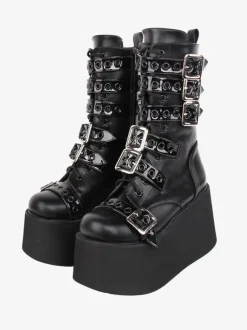 Bottes Lolita Gothiques Cuir PU 艗illets Bicolores Bout Rond Chaussures Lolita Noires
