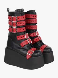 Bottes Lolita Gothiques Cuir PU 艗illets Bicolores Bout Rond Chaussures Lolita Noires