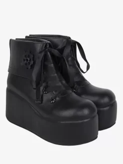 Bottes Lolita mignonne avec appliques noires imprimé floral bout rond chaussures Lolita en cuir PU