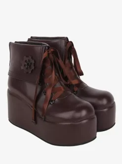 Bottes Lolita mignonne avec appliques noires imprimé floral bout rond chaussures Lolita en cuir PU