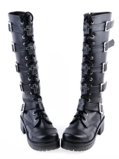 Bottes Lolita noirs à talons épais avec boucles Déguisements Halloween