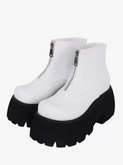 Bottes Lolita Steampunk Détails en métal blanc Chaussures Lolita en cuir PU à bout rond métallique