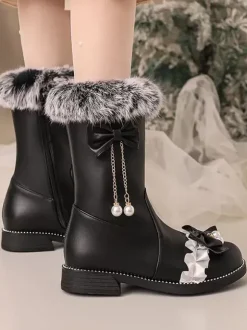 Bottes Lolita Sweet Bows noires Bout rond Chaussures Lolita en cuir PU