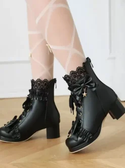 Bottes Lolita Sweet Chaussures Lolita en cuir PU à bout rond blanc