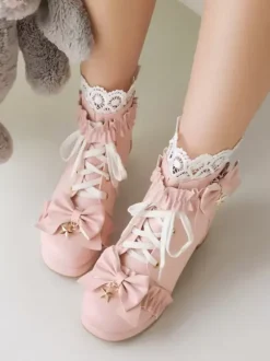 Bottes Lolita Sweet Chaussures Lolita en cuir PU à bout rond blanc