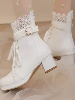 Bottes Lolita Sweet Chaussures Lolita en cuir PU à bout rond rose
