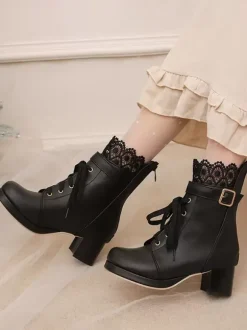 Bottes Lolita Sweet Chaussures Lolita en cuir PU à bout rond rose