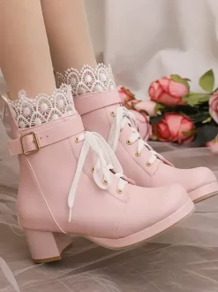 Bottes Lolita Sweet Chaussures Lolita en cuir PU à bout rond rose