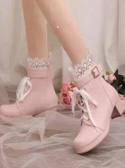 Bottes Lolita Sweet Chaussures Lolita en cuir PU à bout rond rose