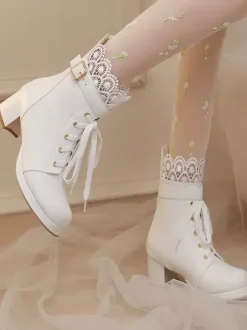 Bottes Lolita Sweet Chaussures Lolita en cuir PU à bout rond rose