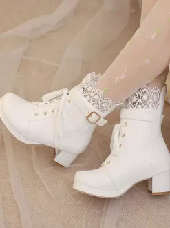 Bottes Lolita Sweet Chaussures Lolita en cuir PU à bout rond rose