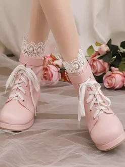 Bottes Lolita Sweet Chaussures Lolita en cuir PU à bout rond rose