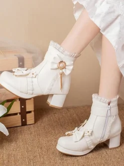 Bottes Mignonne Lolita Cuir PU Volants Arcs Bout Rond Chaussures Lolita Noires