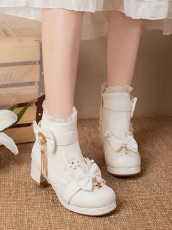 Bottes Mignonne Lolita Cuir PU Volants Arcs Bout Rond Chaussures Lolita Noires