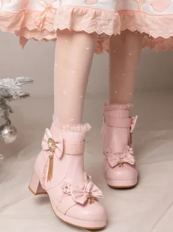 Bottes Mignonne Lolita Cuir PU Volants Arcs Bout Rond Chaussures Lolita Noires