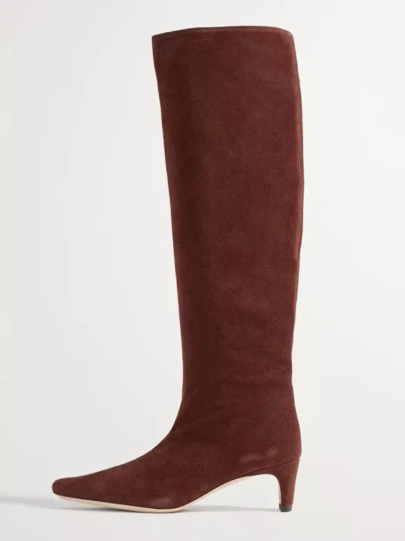 Bottes mi-mollet à talon chaton et bout carré en micro-suède vert foncé pour femmes