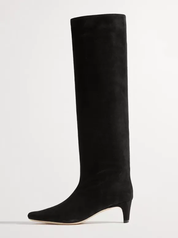 Bottes mi-mollet à talon chaton et bout carré en micro-suède vert foncé pour femmes