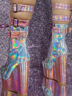 Bottes mi-mollet à talon compensé et bout rond en PU verni pour femme