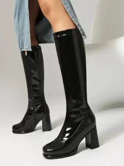 Bottes mi-mollet à talon épais et bout rond en cuir PU noir pour femmes