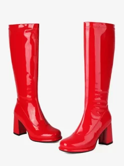 Bottes mi-mollet à talon épais et bout rond en cuir PU noir pour femmes