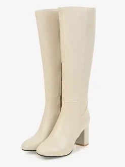 Bottes mi-mollet à talon épais et bout rond en cuir PU pour femmes
